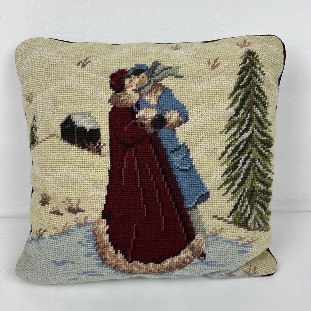 Vintage Wintry Scene Wool Needlepoint Carolers Pillow Christmas Ice Skating